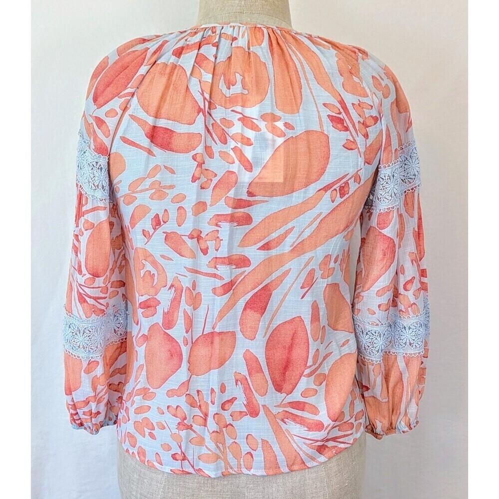 NWT Sharagano Petite M Floral Lace Sleeve Blouse Blue Orange Rayon Blend - Picture 2 of 9